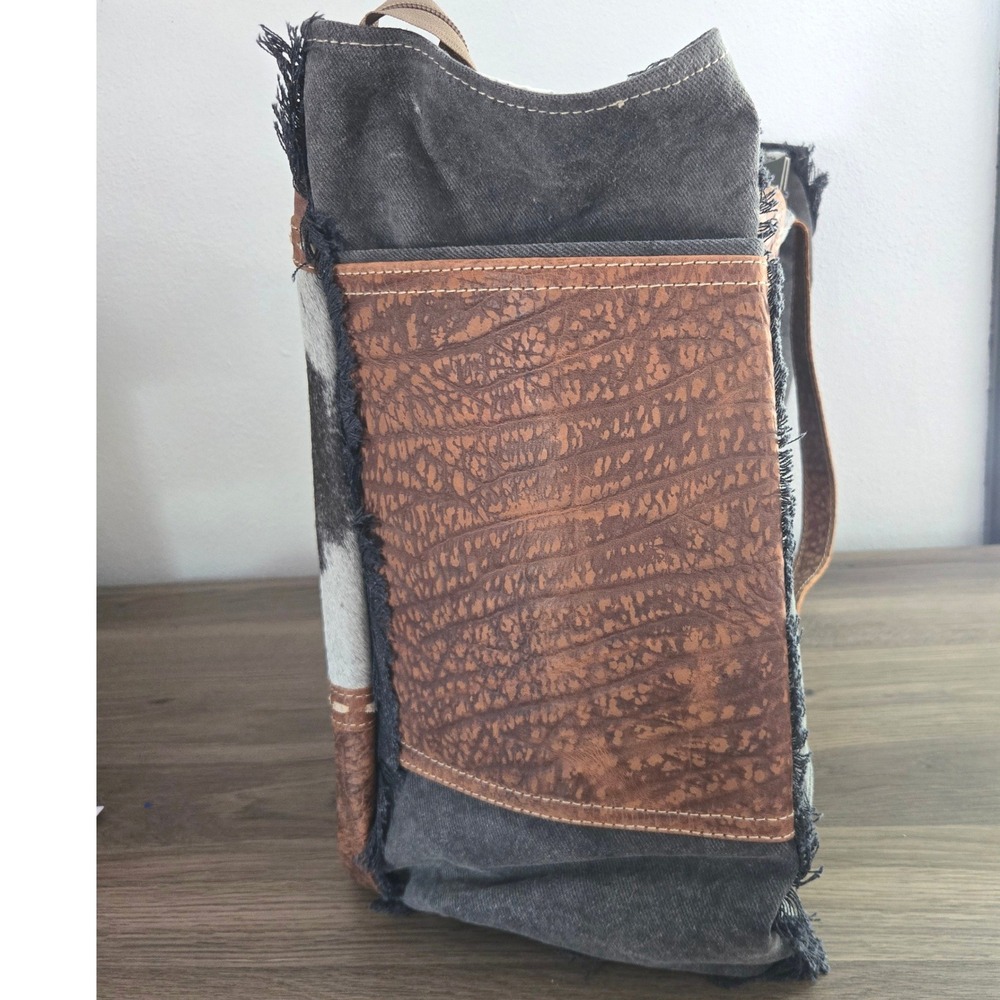 Myra Asher Weekender Bag Upcycled Canvas Hairon Leather Large Bag Boho Tote NWT - Picture 2 of 14
